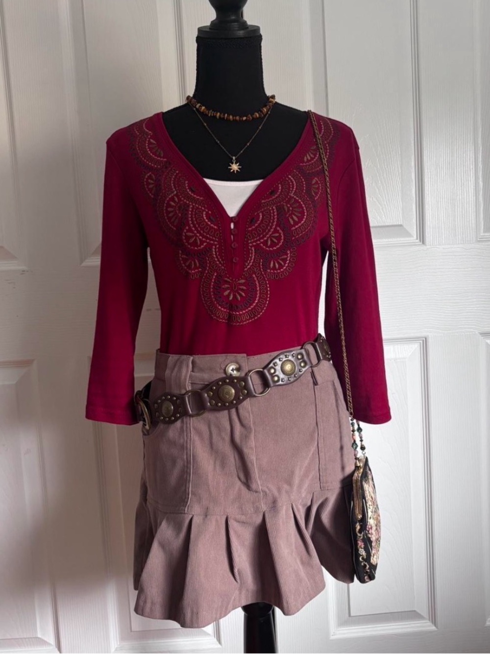Embroidered V-Neck Long Sleeve Top in Deep Berry